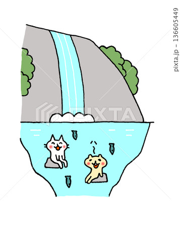 滝の下で涼む猫たちのイラスト 136605449