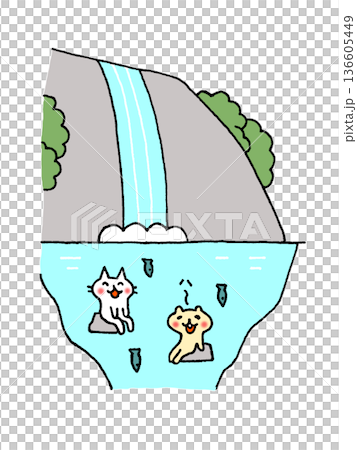 滝の下で涼む猫たちのイラスト 136605449