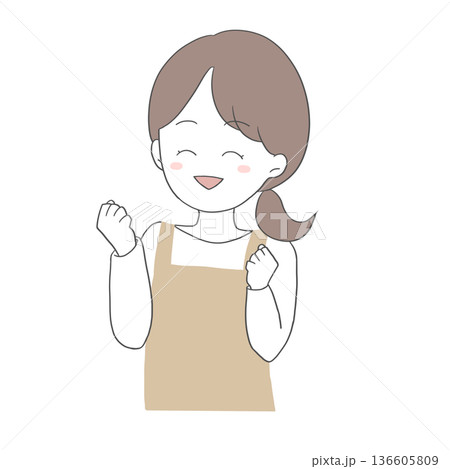ガッツポーズをして喜ぶエプロン姿の若い女性 ガッツポーズをして喜ぶエプロン姿の若い女性 136605809