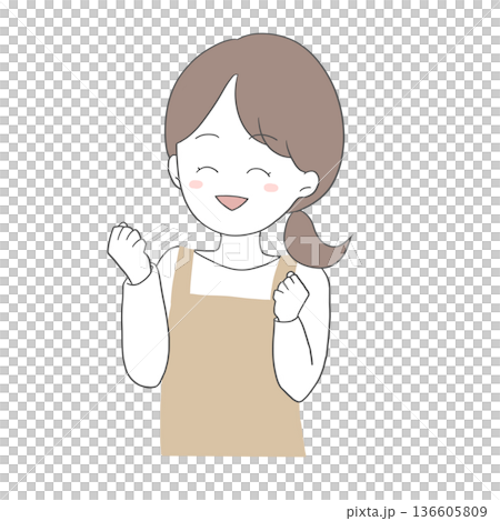 ガッツポーズをして喜ぶエプロン姿の若い女性 ガッツポーズをして喜ぶエプロン姿の若い女性 136605809