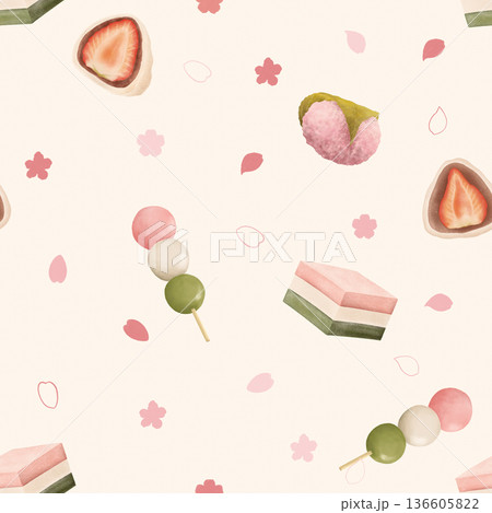 春の和菓子パターン – 桜スイーツのシームレスデザイン 136605822