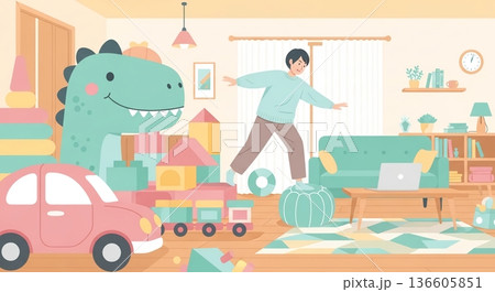 育児と仕事の合間に一息つくパパ 136605851