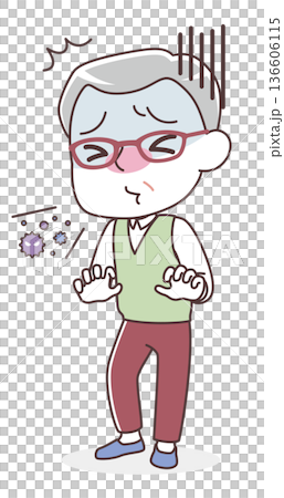 Illustration of a senior man sneezing (cold, allergy, hay fever) 136606115