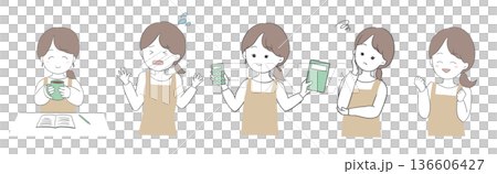 一套5幅身穿圍裙的女性插畫（憂慮、焦慮、釋然、快樂、家務管理） 136606427
