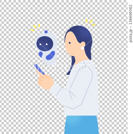 可愛的AI正在一起盯著螢幕。插圖描繪了一位女士透過AI觀察智慧型手機螢幕，從中獲得靈感的情景。 136606562