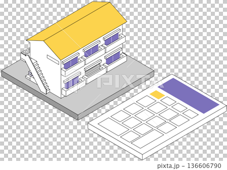 Isometric illustration of an apartment building and a calculator. Image of real estate and money. Isometric illustration of an apartment building and a calculator. Image of real estate and money. 136606790