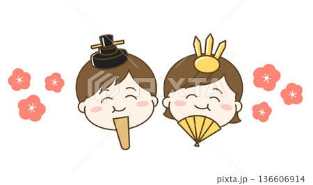 梅の花とひな祭りでお雛様とお代理様になったもぐもぐしている男の子と女の子 136606914