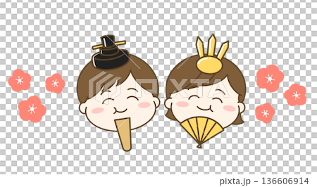 梅の花とひな祭りでお雛様とお代理様になったもぐもぐしている男の子と女の子 136606914