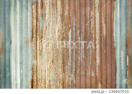 Old zinc wall texture background, rusty on galvanized metal panel sheeting. 136607010