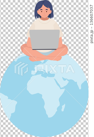 Remote Work Illustration Woman Using Laptop Sitting on Earth Globe Global Communication Concept Remote Work Illustration Woman Using Laptop Sitting on Earth Globe Global Communication Concept 136607037