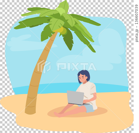Remote Work Digital Nomad Woman Using Laptop on Tropical Beach Under Palm Tree. Work From Home Concept Remote Work Digital Nomad Woman Using Laptop on Tropical Beach Under Palm Tree. Work From Home Concept 136607039