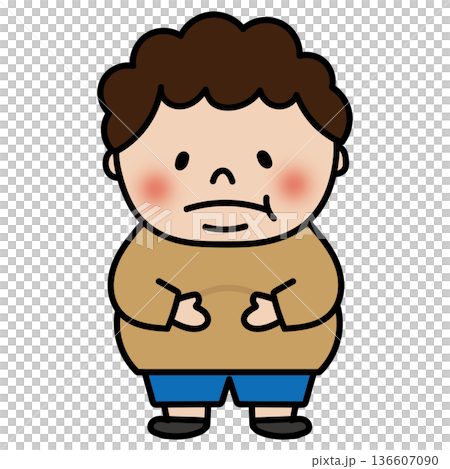 お腹を気にするぽっちゃりした天パの子供(男の子) お腹を気にするぽっちゃりした天パの子供(男の子) 136607090