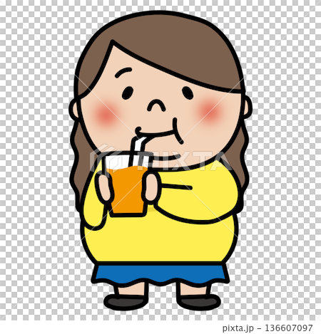 Chubby long-haired girl drinking juice 136607097