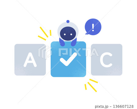 AIが最適解を選定。選択肢からベストな答えを導き出したロボットのベクターイラスト素材。 136607128