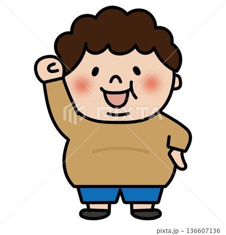 ガッツポーズをするぽっちゃりした天パの子供(男の子) ガッツポーズをするぽっちゃりした天パの子供(男の子) 136607136