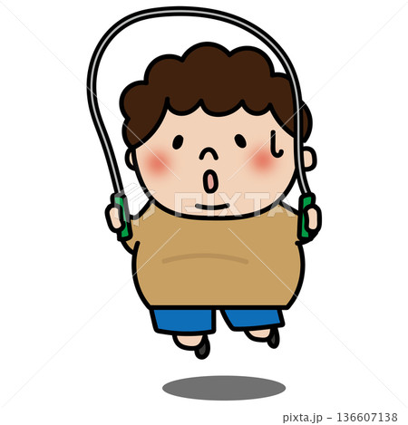 ダイエットに縄跳びをするぽっちゃりした天パの子供(男の子) ダイエットに縄跳びをするぽっちゃりした天パの子供(男の子) 136607138