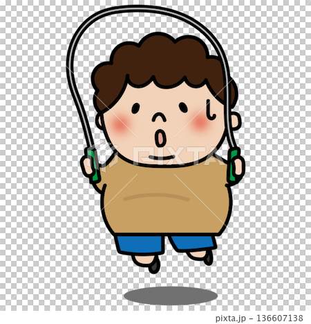 ダイエットに縄跳びをするぽっちゃりした天パの子供(男の子) ダイエットに縄跳びをするぽっちゃりした天パの子供(男の子) 136607138