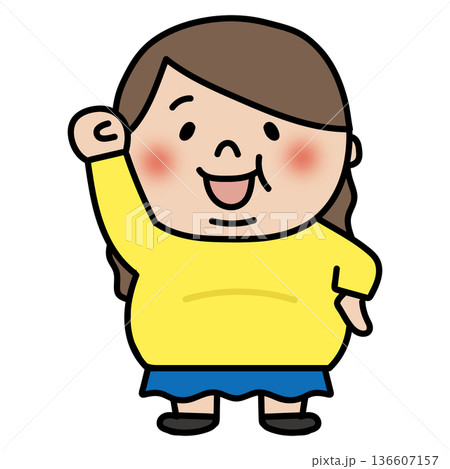 ガッツポーズをするぽっちゃりしたロングヘアの子供（女の子） 136607157