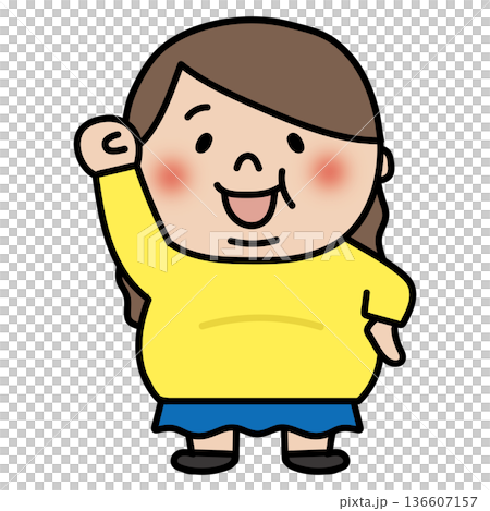 ガッツポーズをするぽっちゃりしたロングヘアの子供（女の子） 136607157