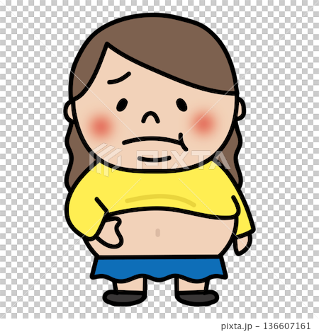 A chubby, long-haired girl pinching her belly fat 136607161