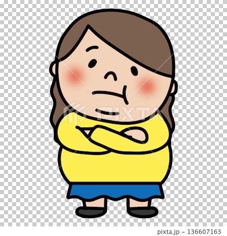 A chubby, long-haired girl with her arms crossed and worried A chubby, long-haired girl with her arms crossed and worried 136607163