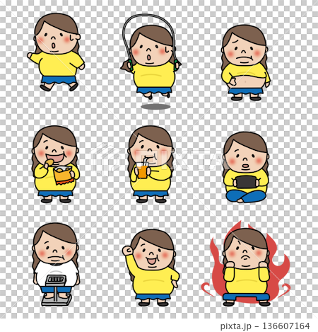 ぽっちゃりした女の子のダイエットイラストセット 136607164