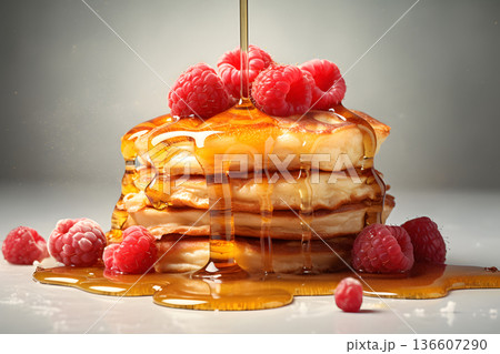 gorgeous delicious pancakes with honey and raspberries under daylight in nordic style, neural network generated photorealistic image gorgeous delicious pancakes with honey and raspberries under daylight in nordic style, neural network generated photorealistic image 136607290