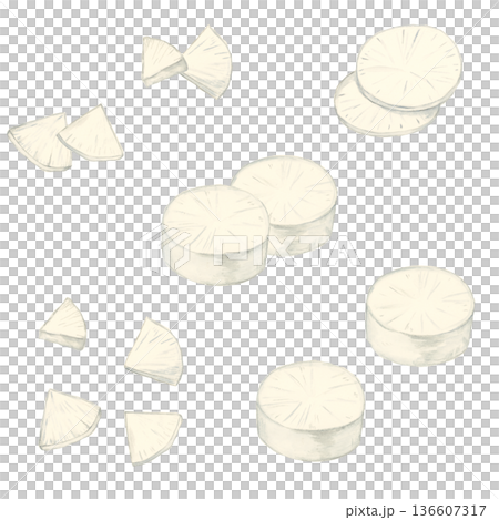 Hand-drawn watercolor radish cut set (ginkgo slices, round slices, thick slices, thin slices) Realistic food illustration on white background 136607317