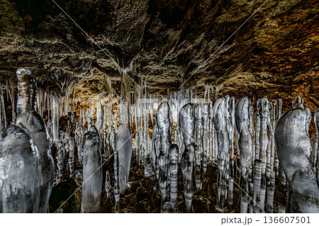 Winter Ice Stalagmites in Hyakujoshiki Cave, Hokka 136607501
