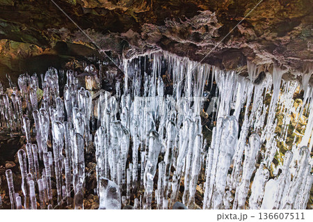 Frozen Ice Stalagmites in Hyakujoshiki Cave Hokkai 136607511