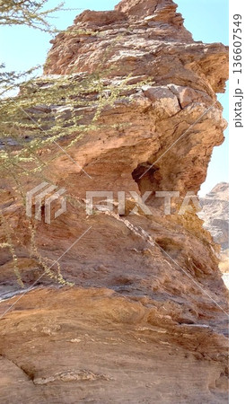 Warm Textured Landscape With Sky Contrast. Scenic View Of Rock And Shrub Under Clear Blue Sky. Vivid Image Of Weathered Rock With Sparse Bushes And Vibrant Sky Background Warm Textured Landscape With Sky Contrast. Scenic View Of Rock And Shrub Under Clear Blue Sky. Vivid Image Of Weathered Rock With Sparse Bushes And Vibrant Sky Background 136607549