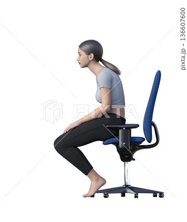 椅子の座り方 猫背の姿勢で前屈みになって椅子に座る女性のイラスト 全身横向き 136607600