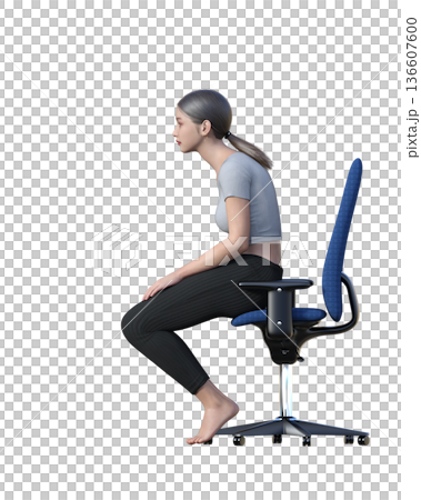 椅子の座り方 猫背の姿勢で前屈みになって椅子に座る女性のイラスト 全身横向き 136607600