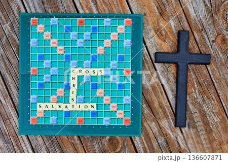 Scrabble Board Christian Words And Dark Black Cross 136607871