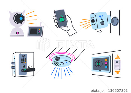 Smart home security devices collection. Flat vector illustration with baby monitor, smartphone lock, security camera, door lock, smoke detector, control panel. Cartoon style for technology, safety Smart home security devices collection. Flat vector illustration with baby monitor, smartphone lock, security camera, door lock, smoke detector, control panel. Cartoon style for technology, safety 136607891