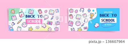 Pixel art back to school banner banner mockup set on pastel cute backgrounds, retro 8 bit stationery icons collage, kawaii education web headers and covers, digital illustration 136607964