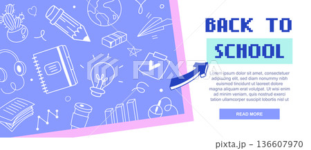 Back to school web banner with retro pixel font and blue doodle icons on purple background, notebook stationery line art, education landing page template, vector illustration 136607970
