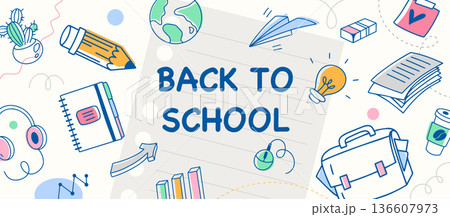 Colorful Back to School Doodle Banner with Notebook Paper Background, School Supplies Icons, Line Art Vector Template 136607973
