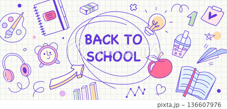 Playful Back to School Doodle Banner. Grid Background with Apple, Alarm Clock and Art Supplies, Colorful Vector Illustration Playful Back to School Doodle Banner. Grid Background with Apple, Alarm Clock and Art Supplies, Colorful Vector Illustration 136607976