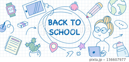 Back to School Doodle Banner with Happy School girl - Grid Notebook Background, Colorful Stationery Icons, Vector Illustration Back to School Doodle Banner with Happy School girl - Grid Notebook Background, Colorful Stationery Icons, Vector Illustration 136607977