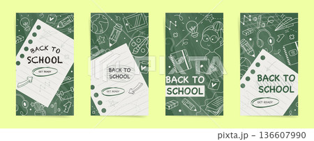 Back to school chalkboard doodle poster set with notebook paper and hand drawn school supplies, education banner background template, vector illustration 136607990