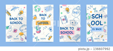 Back to school doodle mobile phone story poster set with swipe call to action, modern education social media banner collection, vector illustration 136607992