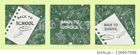 Back to school chalkboard doodle square banner set with notebook paper and school supplies, green education background template, vector illustration collection 136607996