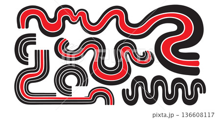 Retro Red and Black Wavy Line Graphic Elements Vector Set 136608117