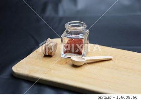 Saffron threads jar. macro photography of saffron spice. High quality 4k footage 136608366