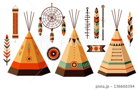 American Indian tribal native vector. Set of element in boho style. Traditional cultural feather, teepee, wigwam, dream catcher, ornaments. Can be used for t-shirt print, sticker, badge, greeting card 136608394