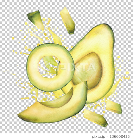 Avocado slices, pieces and half fruit. Dynamic food composition on yellow, green watercolor splashes stains spotted background Hand drawn isolated illustration for vegetables packaging, menu, cosmetic 136608436
