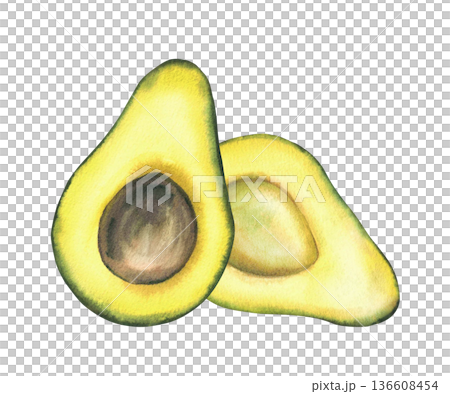 Watercolor avocado illustration. Two halves of fruit with and without stone seed. Green exotic vegetables plant for food, cosmetic, packaging label design. Hand drawn Isolated from background clipart Watercolor avocado illustration. Two halves of fruit with and without stone seed. Green exotic vegetables plant for food, cosmetic, packaging label design. Hand drawn Isolated from background clipart 136608454