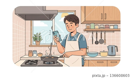 陽の光差し込むキッチンで、笑顔のクッキングタイム 136608603