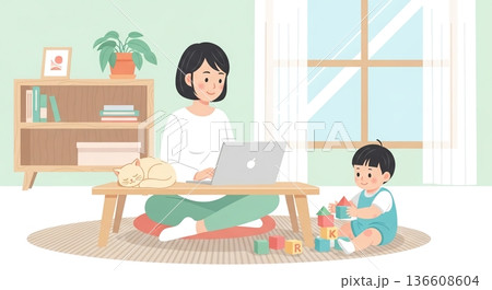 在宅ワークと育児を両立、家族と過ごす時間 136608604